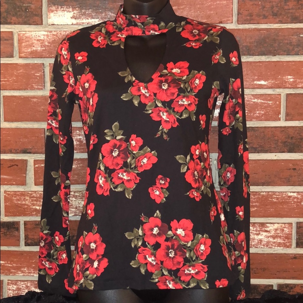 Mock Neck Chocker Long Sleeve Floral Top